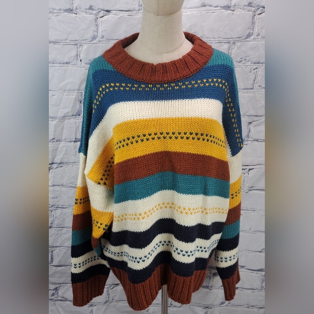 Spelledit Vintage Chunky Oversized Knit Sweater Striped Winter Plus Size 3XL 4XL